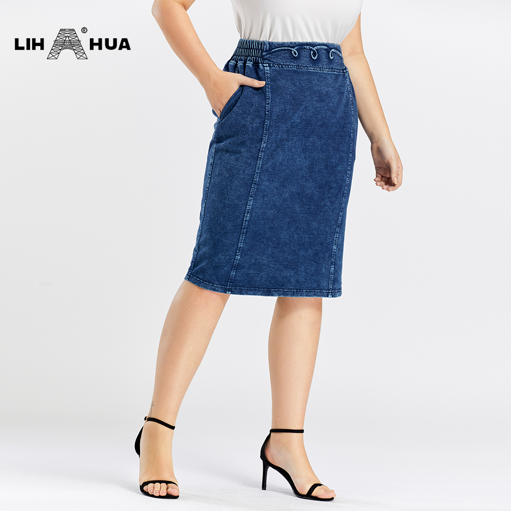 LIH HUA Women's Plus Size Casual Denim Skirt High Flexibility  Skirt Knitted Denim