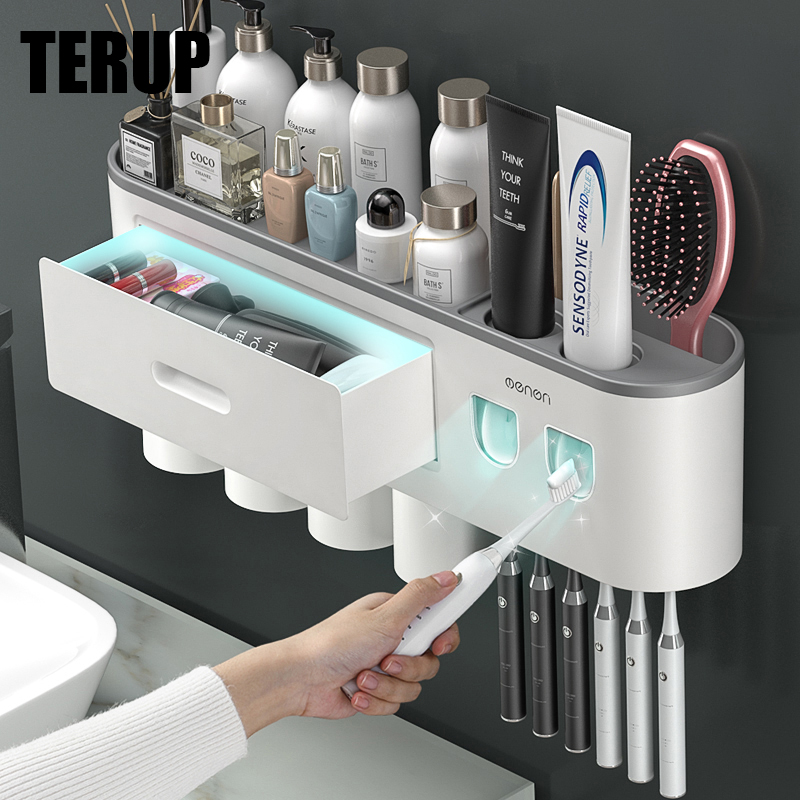 TERUP Toothbrush Holder Double Automatic Toothpaste Dispenser Magnetic Adsorption Inverted Cup Storage Rack Bathroom Accessories