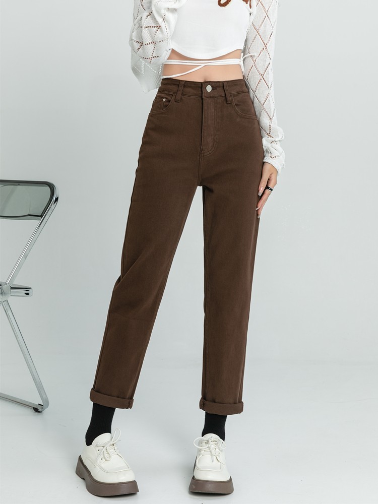 GUUZYUVIZ High Waist Elastic Denim Harem Pants Ladies Casual Vintage Wash Jeans Women Autumn Winter Brown Mom Jean Femme