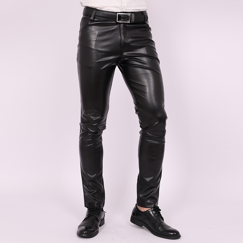  Men's Slim Fit Skinny Pants Tight Stretch Leather Pants Teen Trend Motorcycle PU Leather Pants