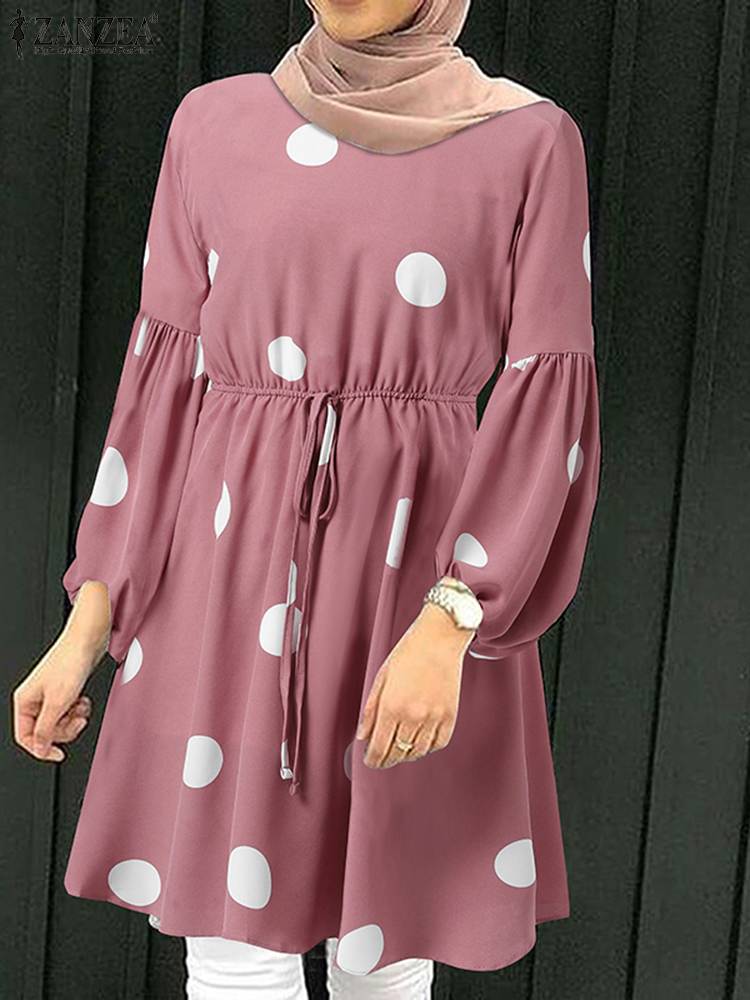 ZANZEA Women Polka Dots Printed Muslim Blouse Lace-Up Puff Sleeve Islamic Clothing Elagant Casual Dubai Marocain Turkish Tops