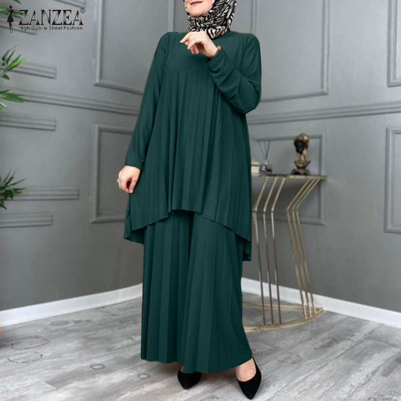 ZANZEA Women Muslim Sets Islamic Clothing Plain Suits Morocco Turkish Pleated Full Sleeve Tops Wide Legs Long Pants Oversized