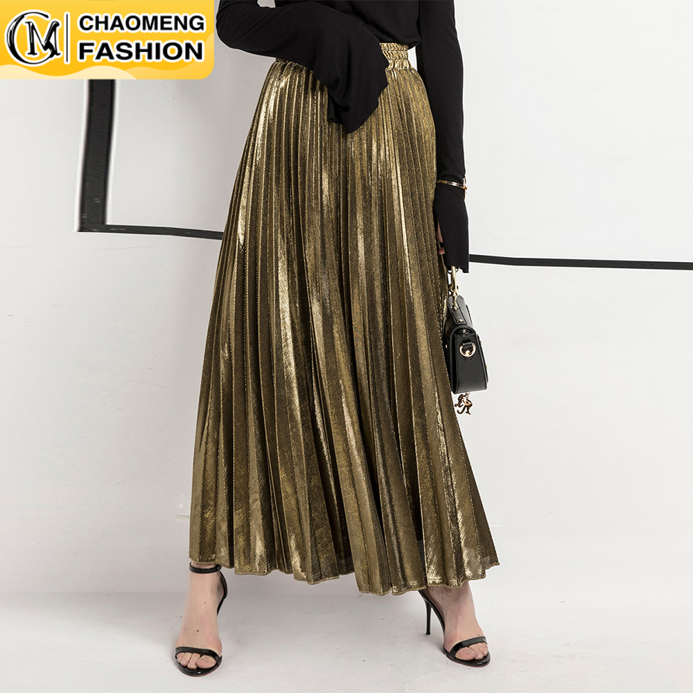 Arrival Women Elegant Satin Pleated Autumn Winter  Party Office Solid Color High Waist Muslim Long Chic Maxi Skirt