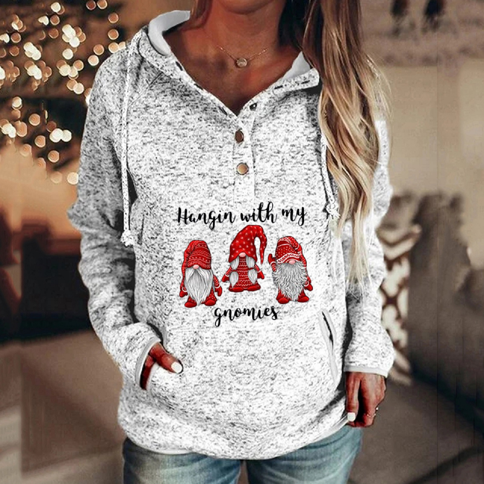 4# Women  Sweater Buttons Collar  Sweater Drawstring Women Sweaters Tops Pullover Winter Couple's Sweaters