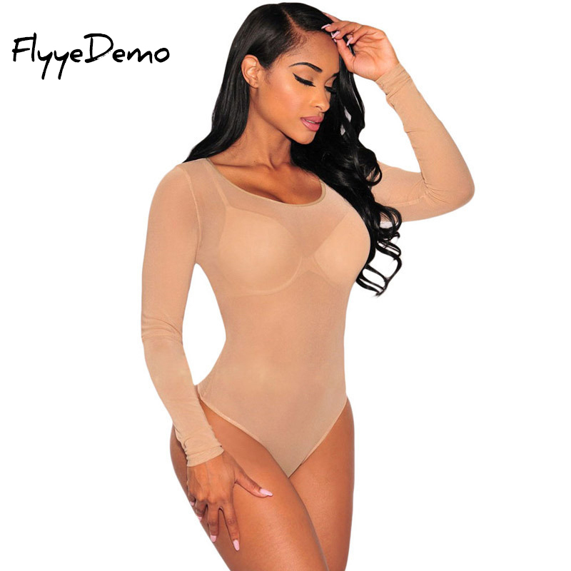 Nude Transparent Sexy Bodysuit Women Rompers Bodycon Jumpsuit Long Sleeve White Mesh Bodysuit Sheer See Through O Neck Bodysuits