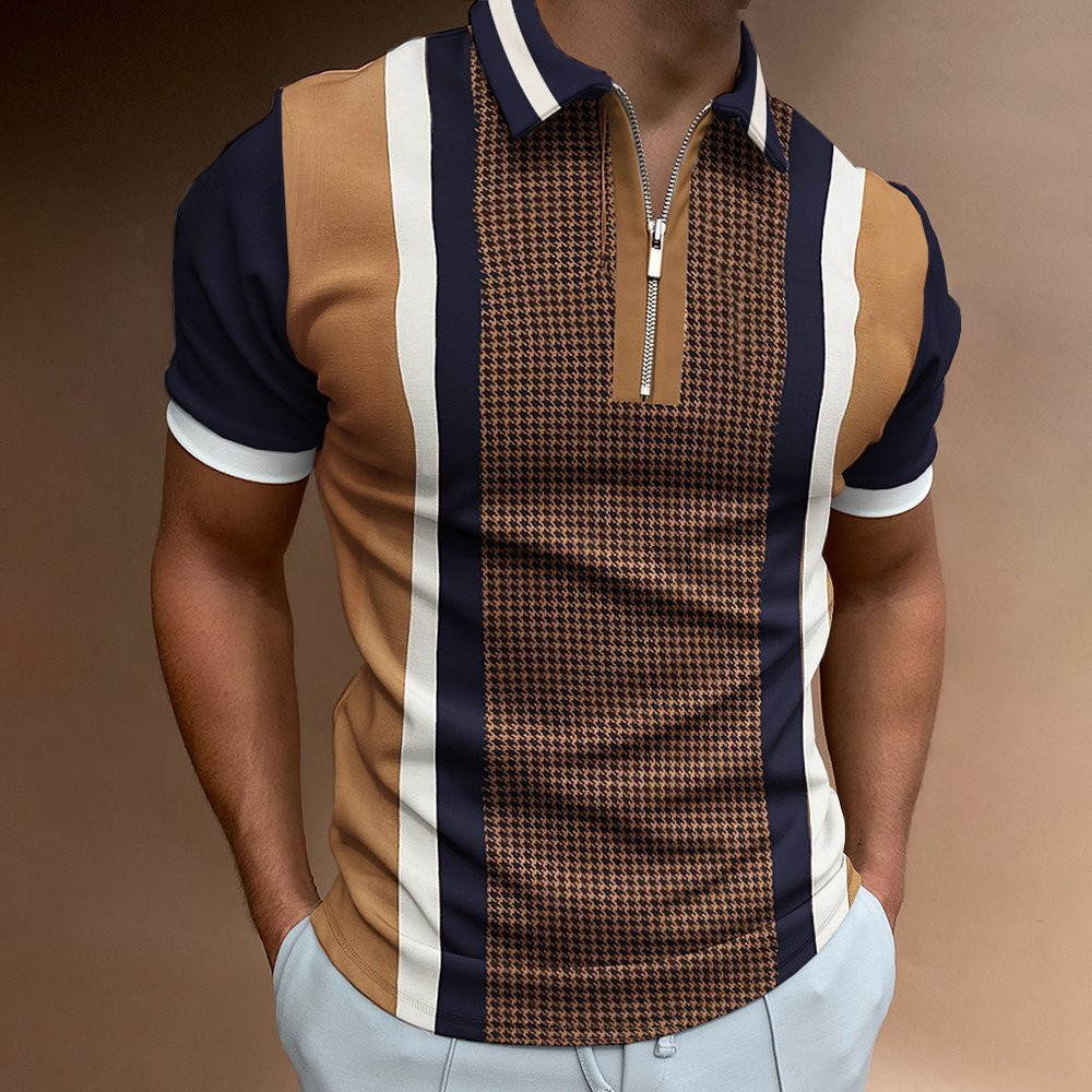 High  Summer Men Polo Shirts Grid Stripe Print pattern Casual Short Sleeve Mens Shirts Turn-Down Collar Zipper T-shirt