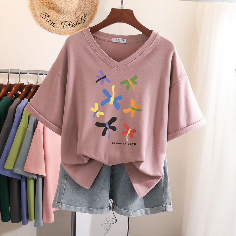 EBAIHUI  L-6XL T Shirt Plus Size Tshirt Short Sleeve Cartoon Women Top Summer Sweet Couple V Neck Oversized T Shirts