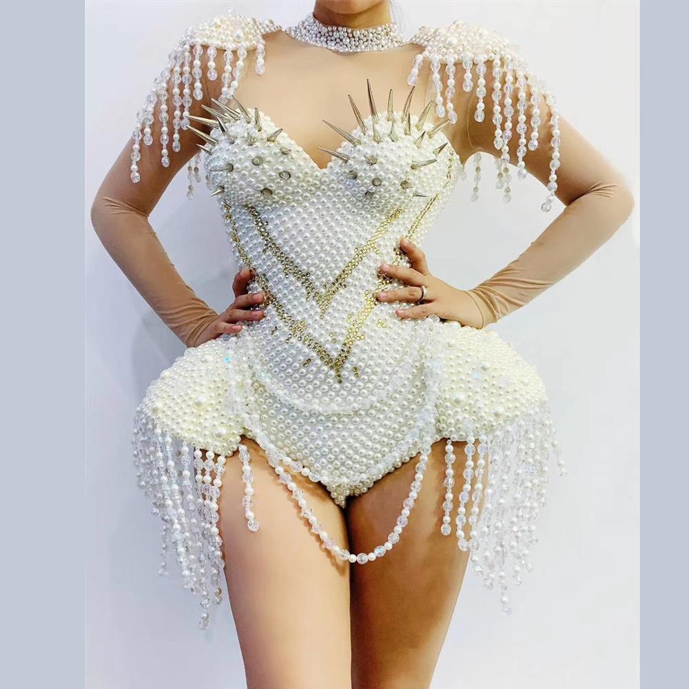 Designer Rivets Pearls Tassel Party Bodysuit Women White Sexy Fringes Dancer Leotard Nightclub Showgirl DJ Singer Stage Costumes