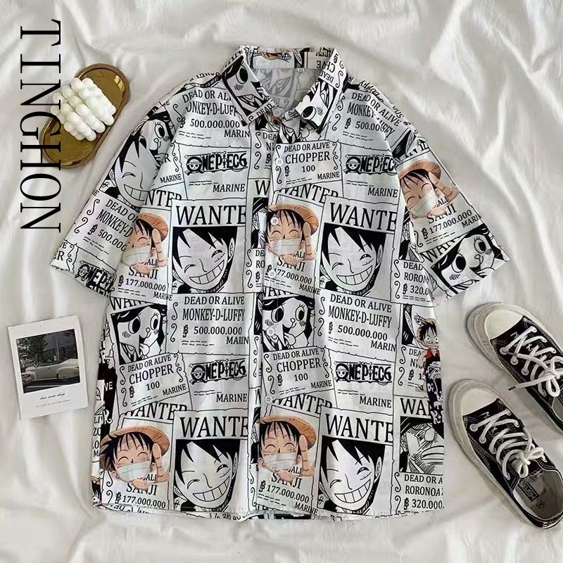 One Piece Anime Print Shirt Button Up Blouse Clothing for Men Women Japanese Harajuku Clothes Casual Girl Tee Tshirt Tops