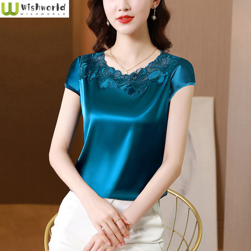  Foreign Style Loose Lace Short Sleeve T-Shirt Top Women's Spring and Summer Large Acetate Satin Bottomed Shirt