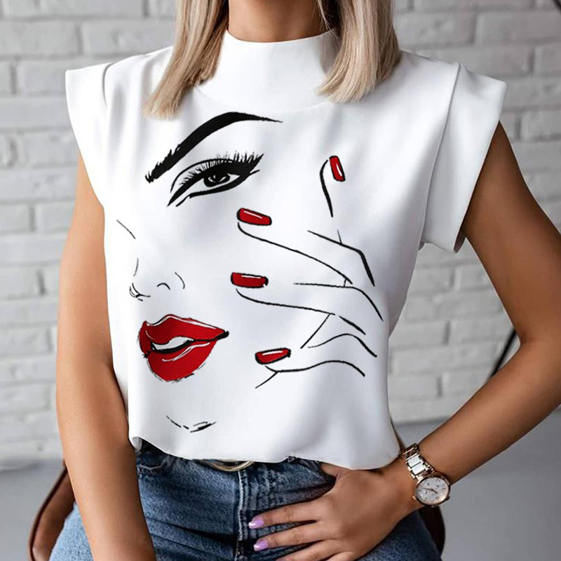  Women Elegant Lips Print Tops and Blouse Shirts  Summer Ladies Office Casual Stand Neck Pullovers Eye Blusa Tops