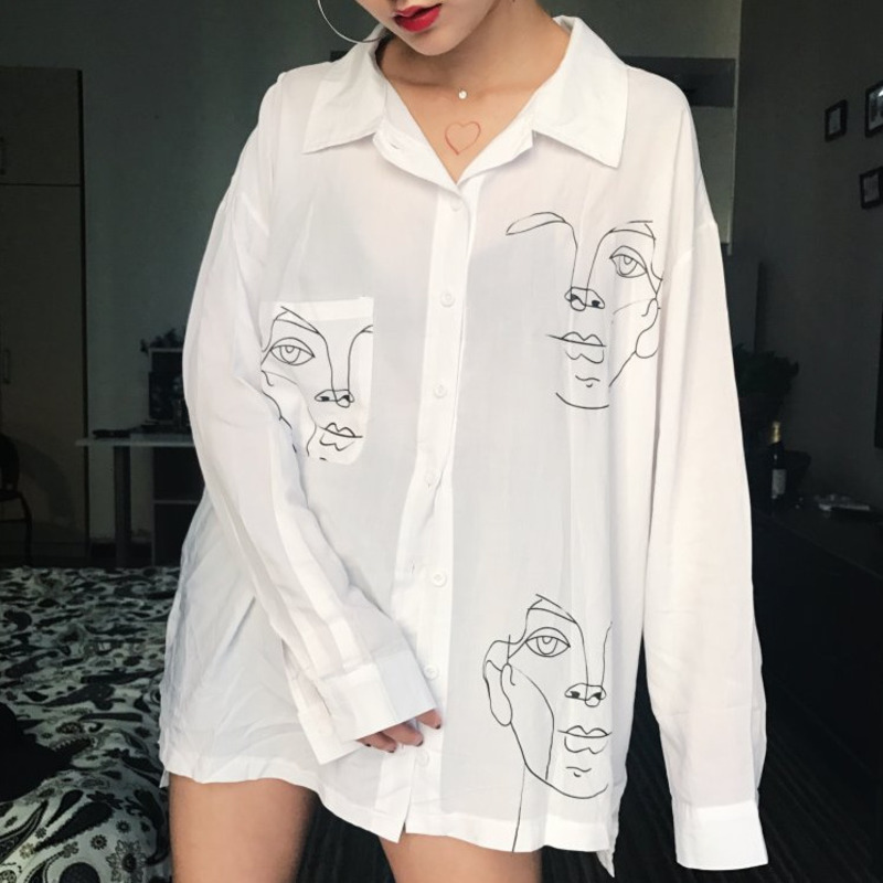 Summer Women Blouse Shirt Female Cotton Face Printing Full Sleeve Long Shirts Women Tops Ladies Clothing Boyfriend Style Shirts