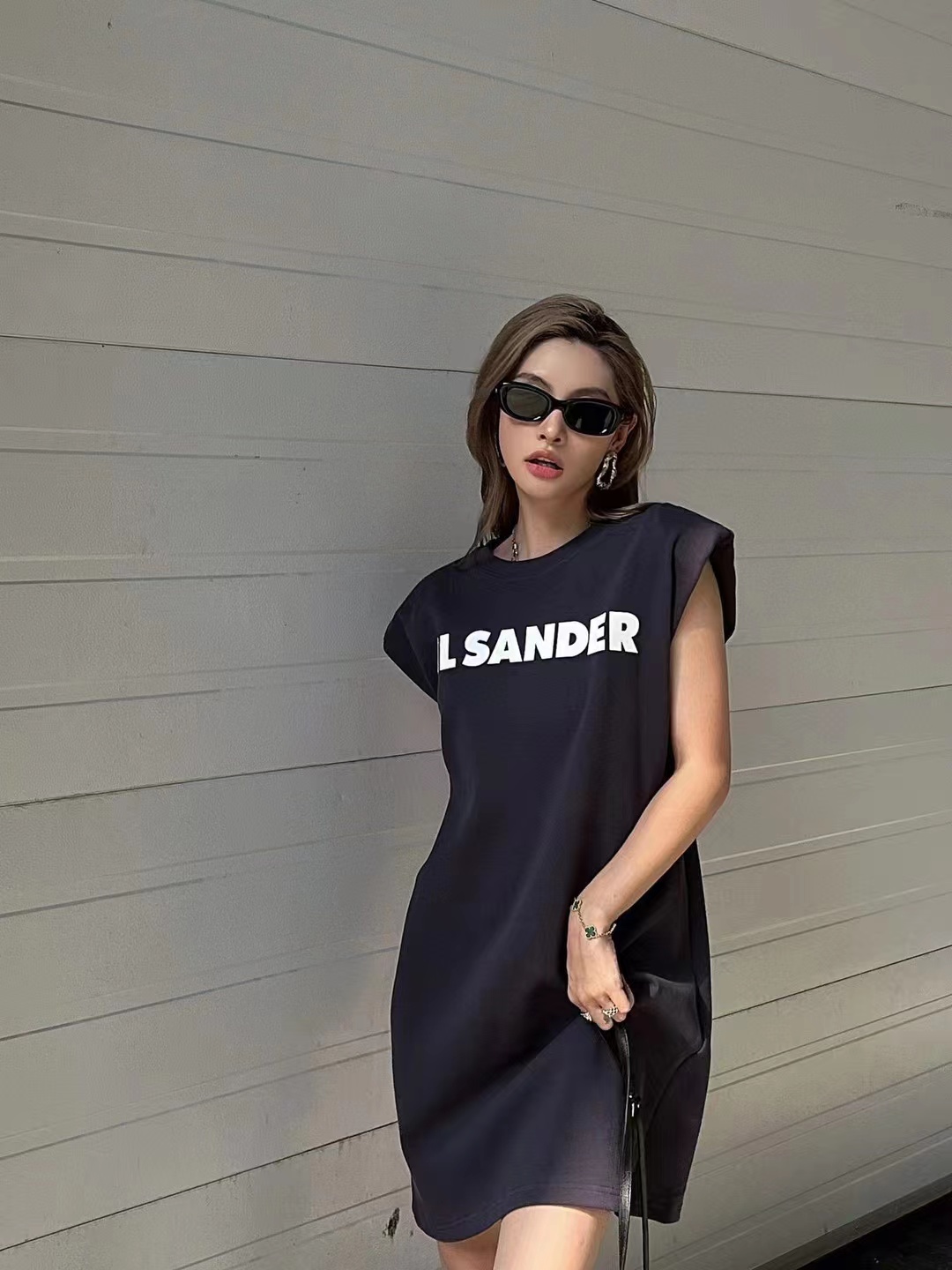 ss  Women's Clothing Niche Design Summer Round Neck Sleeveless Shoulder Pad Loose Dress Cotton T-shirt Dress