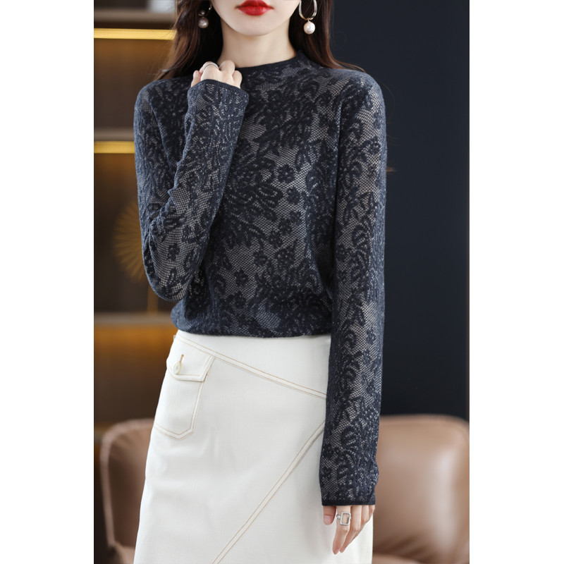 Spring and Autumn Three-dimensional Carved Half Turtleneck Lace Hollow Knitted  Sweater Women's Pullover  Sweater