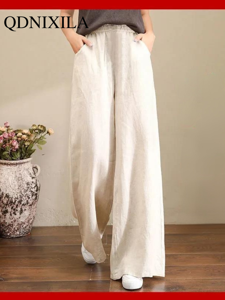 Linen Wide-leg Pants Women's Drawstring Oversize Wide-leg Pants Woman Pants  Streetwear Women  Drawstring Sweatpants  Pants
