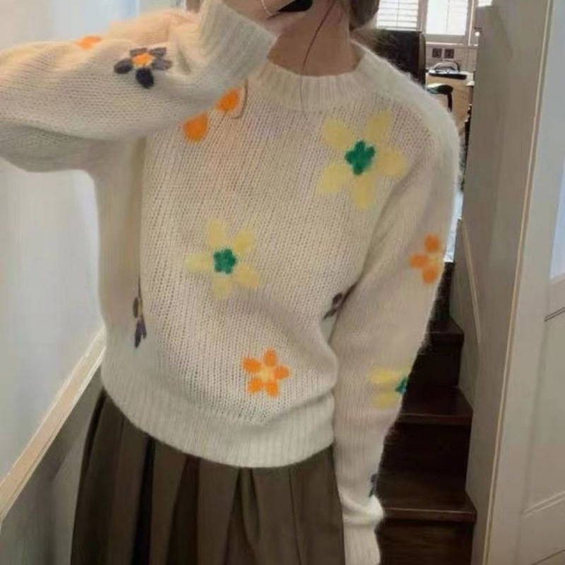 Round Neck Printed Pullover Sweater Western Style Loose  Spring and Autumn All-match Long-sleeved Knitted Top Women