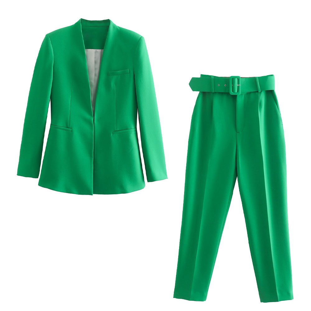 Women's  Spring Autumn Suits Green Solid Color Lined Belted Down Lapel Long Female Blazer Chic Mujer