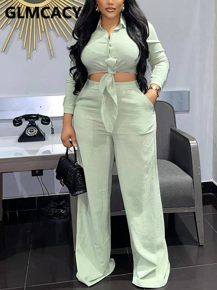 2 Pieces Pants Sets Women Long Sleeve Shirt & Wide Leg Casual Pants