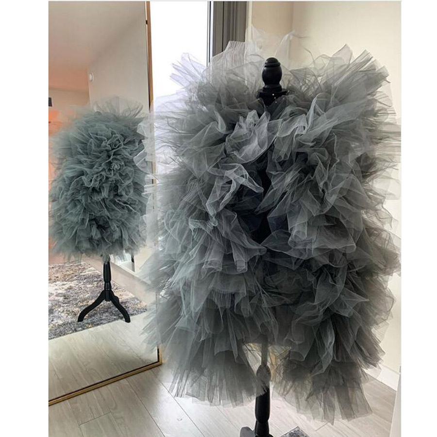 Real Image Gray Ruffle Tulle Women Jackets Custom Made Middle Length Women Jacket Summer Clothing Vestidos