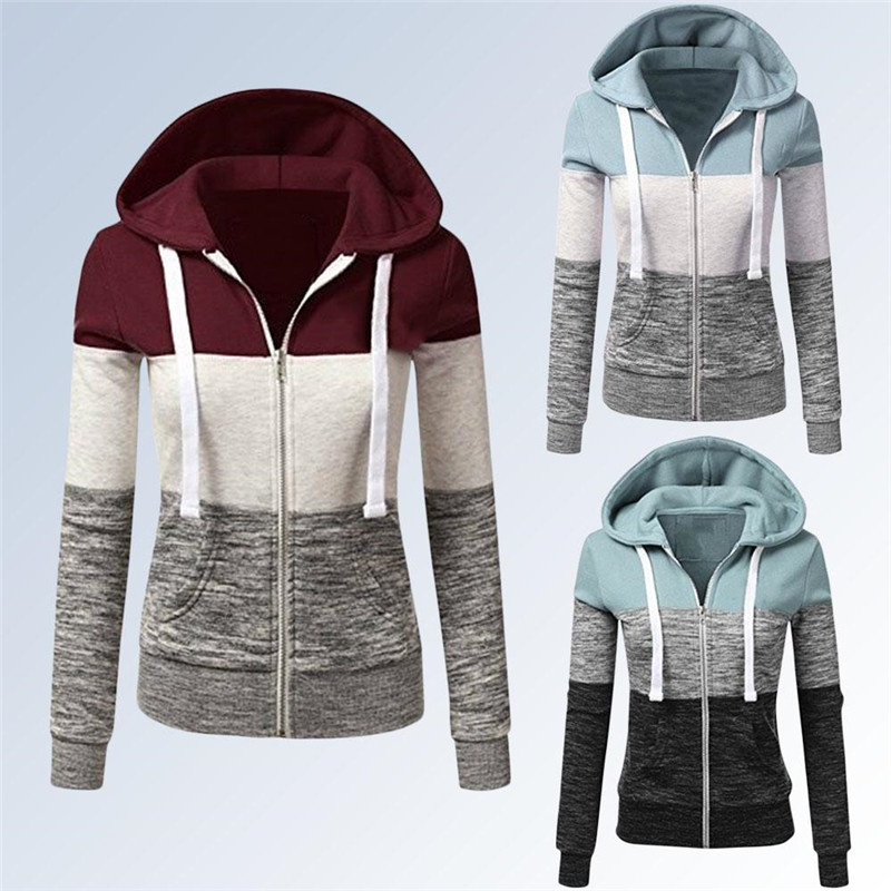 Women Colorblock Hoodies Autumn Winter Casual Slim Drawstring Zip Up Sweatshirt Long Sleeve Pullovers Female Hoodie Jacket Tops