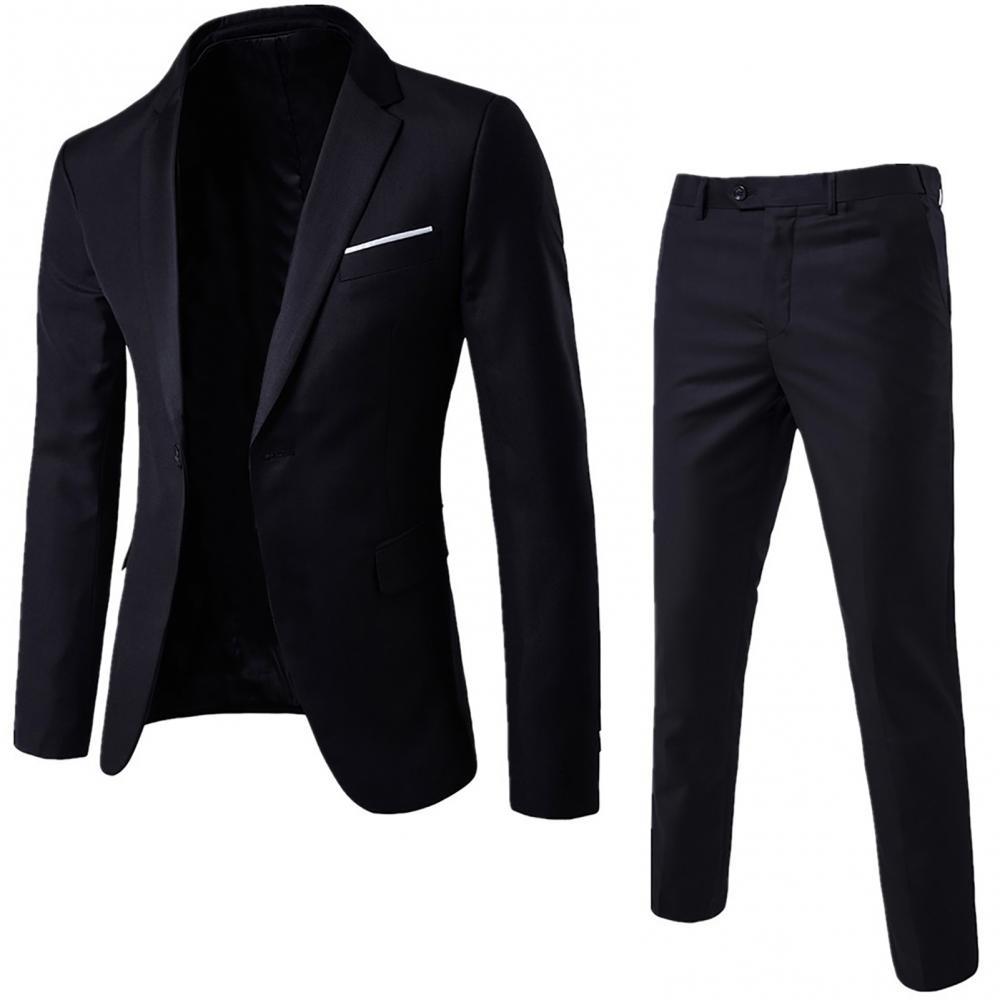2Pcs/Set Men Suit Jackets  Plus Size Men Solid Color Long Sleeve Lapel Slim Button Business Suit