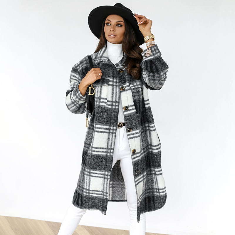 Midi Plaid Print Plus Size Coats And Jackets Women Long Sleeve Button Pocket Tops Outwear Vintage  Women's Clothing