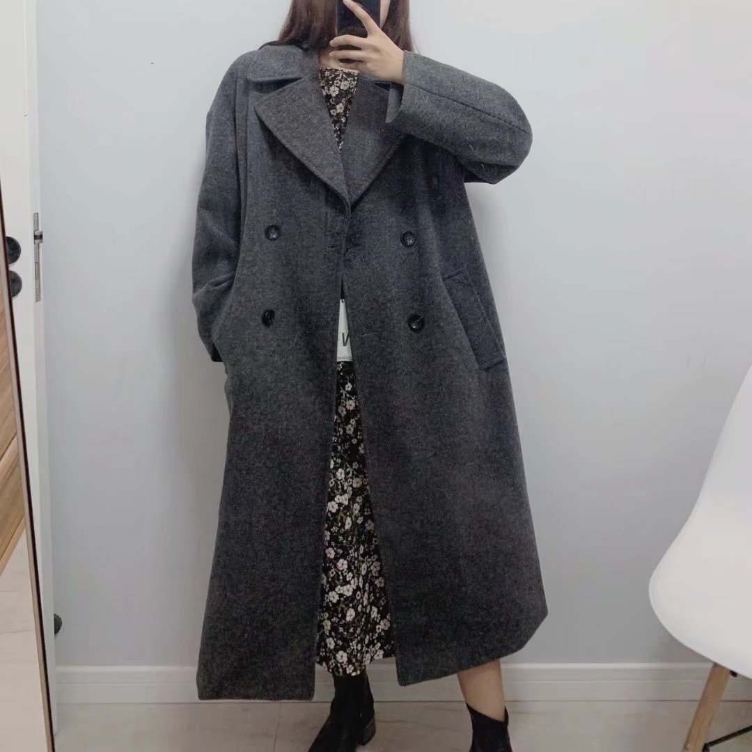  Women's  Solid Color Loose Jacket Coat Long Sleeve Double Breasted Pocket Lapel Long Commuter Office Worker Casual