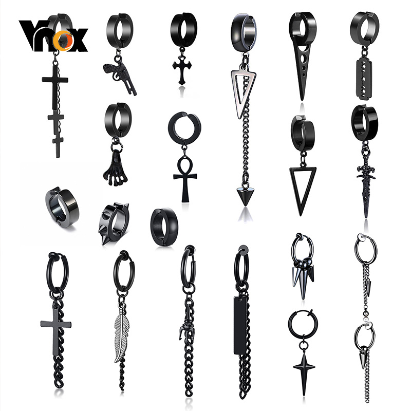 Vnox Punk Clip Earrings for Men Women， Black Stainless Steel Ear Accessory， Gothic Rock Hiphop Hoop Circle Earring 1 Piece