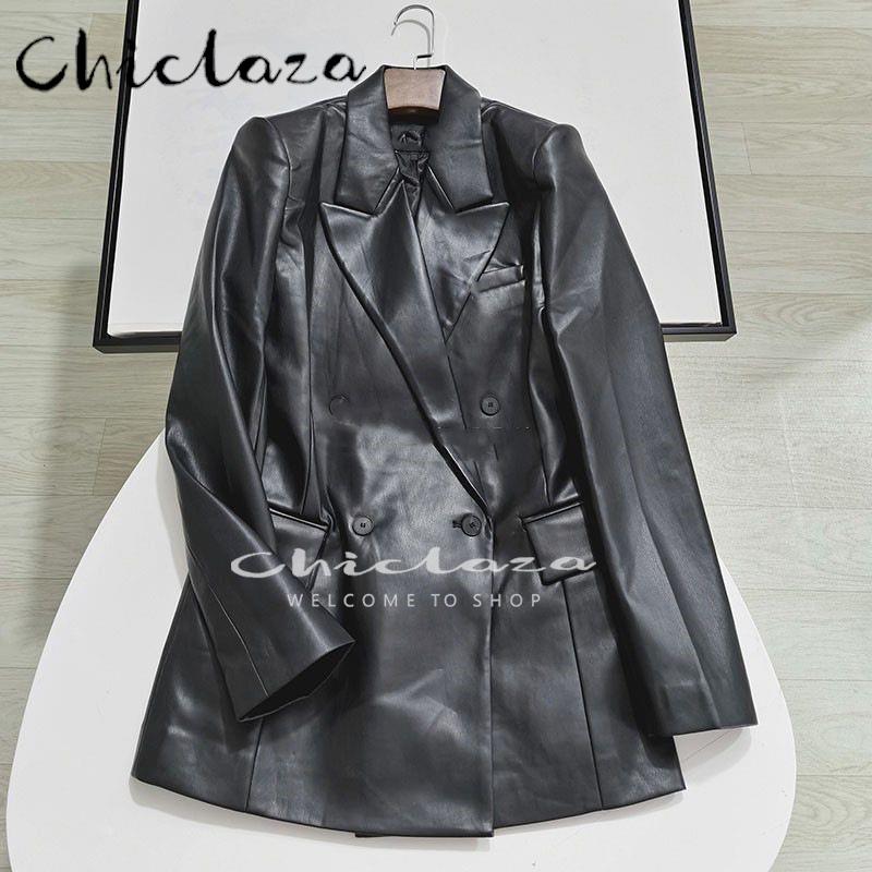 CHICLAZA Women Spring Autumn  Black Faux Leather Blazer Jacket Ladies Casual Solid Button Office Coat Female Outwear