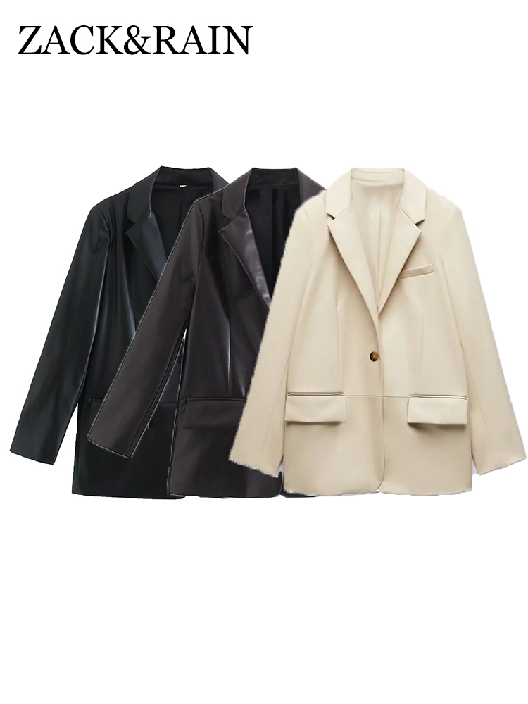 ZACK RAIN Women Faux Leather Black Suit Jacket  Fall/Winter Commuter Ladies Blazer Office Party Loose Female Chic Outwear