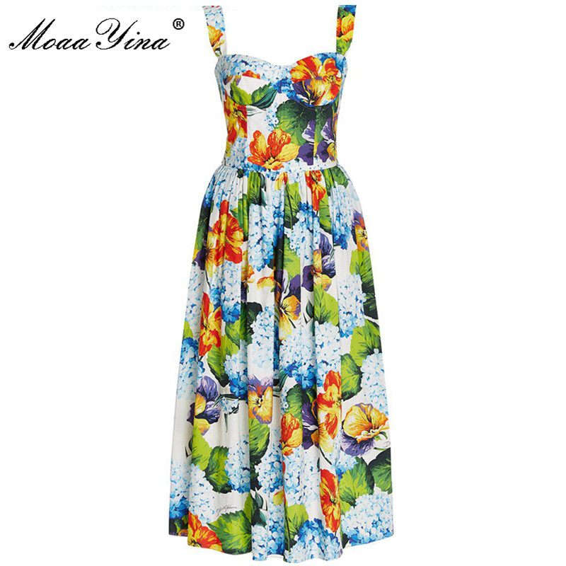 MoaaYina  Designer spring  Dress Women Square collar Spaghetti Strap Flower print Bohemian Holiday Elegant Cotton Dress