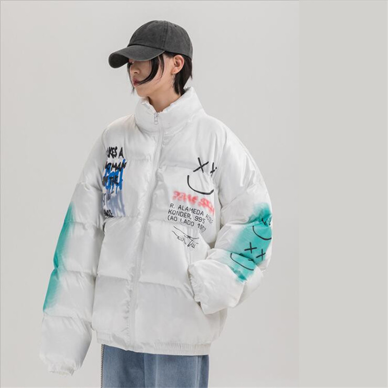  Hip Hop Thick Jacket Parka Happy Graffiti Print Men Windbreaker Streetwear Harajuku Winter Padded Jacket Coat Warm Outwear