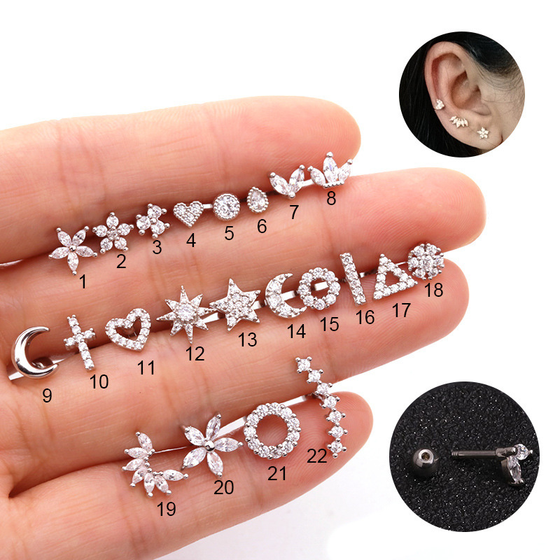 1PC   Cz Ear Studs Cartilage Earring for Women Stainless Steel Zircon Small Stud Earring Ear Piercing Jewelry Gifts