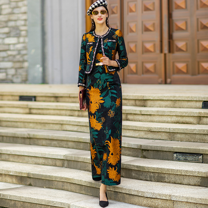 Spring Autumn Beading Suit Dress Women 2 Piece Set Blazer Women Straight Jacquard Dress for Women Suits Indie Folk