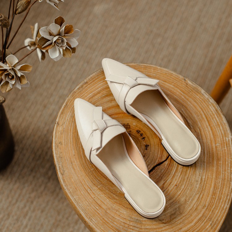 Women Natural Genuine Leather Mules Black Brown Beige Butterfly Knot Bowknot Flats Shoes Woman Women's Sandals  