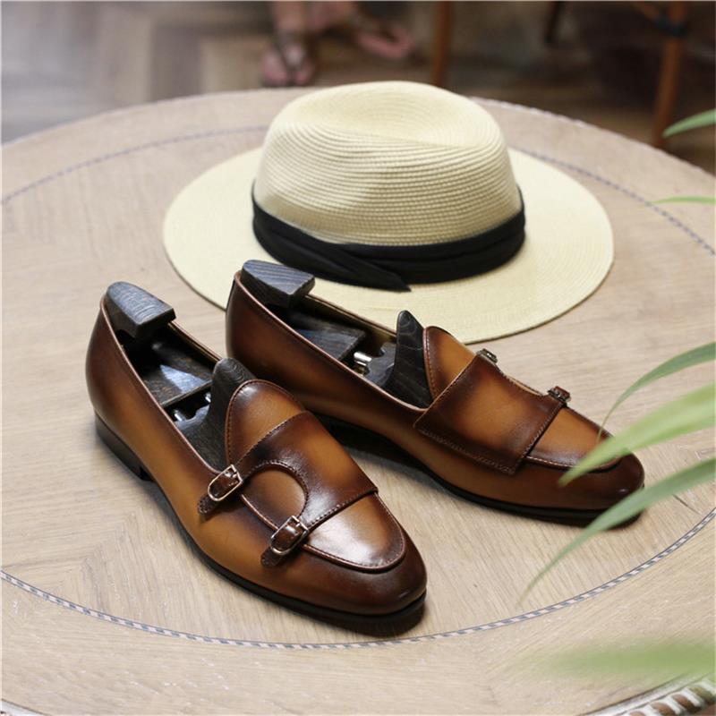 Men Monk Loafers Leather Shiny Round Toe Low Heel Double Buckle Slip-on Business Casual Classic Comfortable Dress Shoes AC015