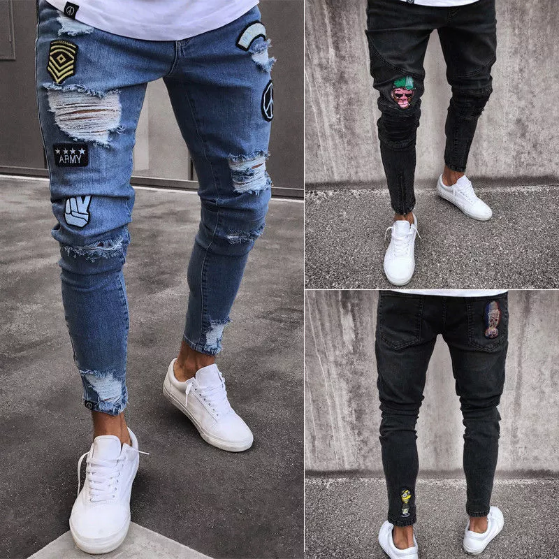  Mens Skinny Jeans Rip Slim fit Stretch Denim Distress Frayed Biker Scratchted Hollow out Long Jeans Boy Zone