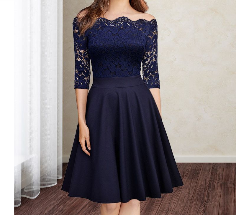 Summer Solid Color One Word Collar Dress Women Clothing Elegant Strapless Pleated Mid Calf Lace Dress Daily Evening Dresses