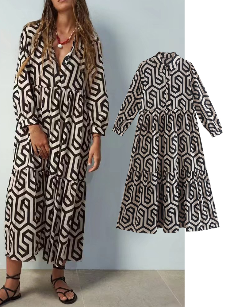 TRAF Women Summer Print Dress Vintage Female Party Mid-Calf Geometric Vestidos Half Sleeve High Waist Vestidos Mujer