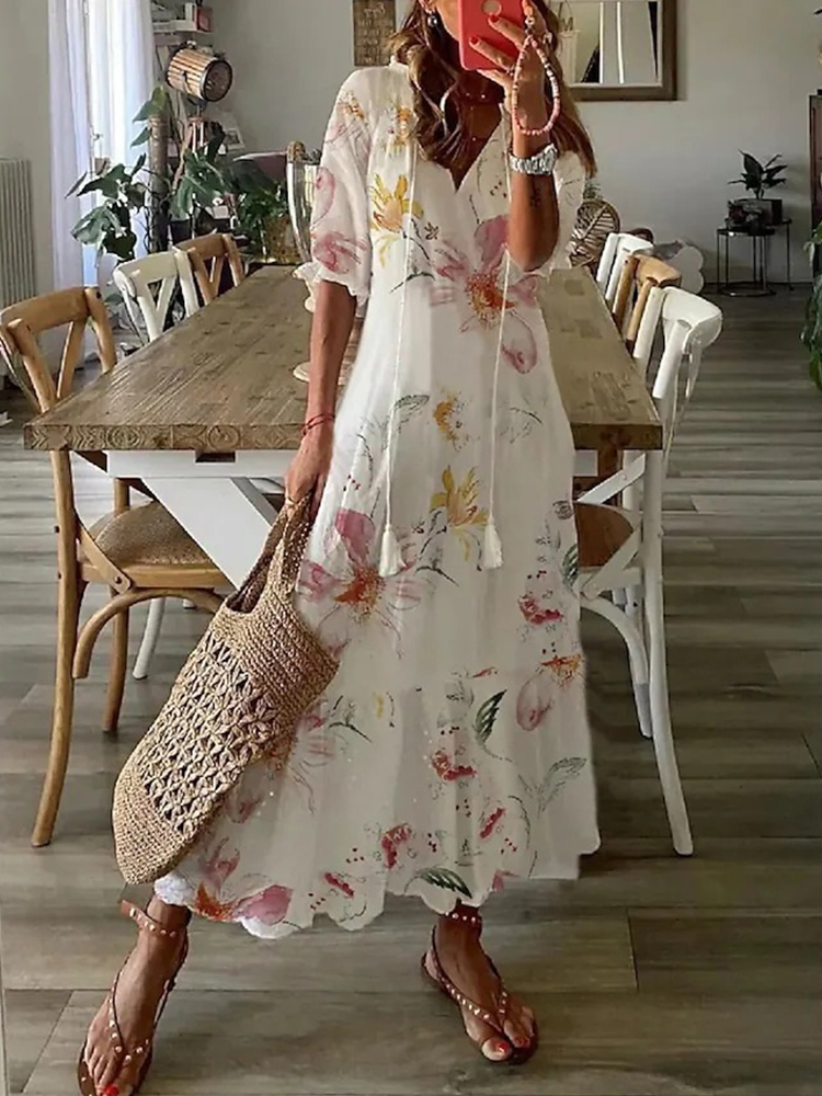 Summer  Floral Print Holiday Long Dress Casual Loose Drawstring Half Sleeve Dress Women V Neck Chic Ruffled Boho Dresses