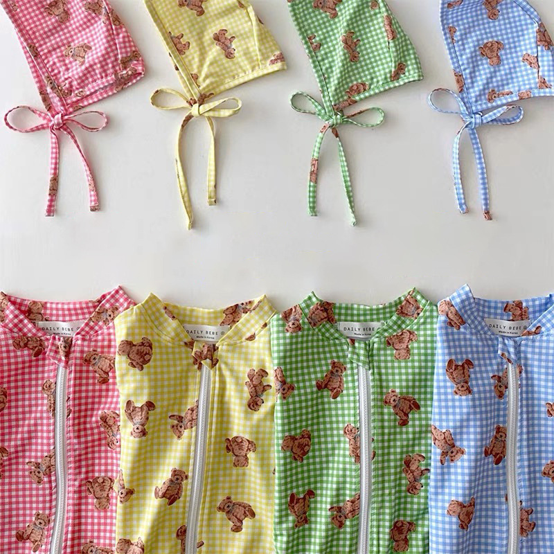 7973 Baby Girl Swimwear Children Swimsuit With Hat Summer  Long Sleeve Bodysuit Baby Swimsuit Boy 1-7T Kids Swimsuit