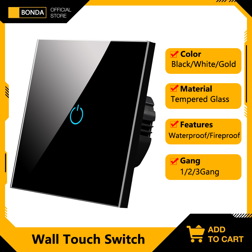 BONDA Wall Touch Switch 220V EU Standard Tempered Crystal Glass Panel Power 1/2/3 Gang 1 Way Light Sensor Switches Waterproof
