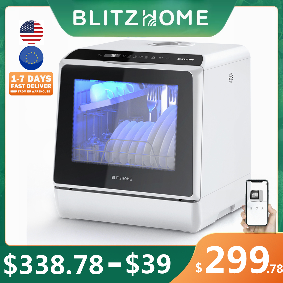 Blitzhome Smart Portable Countertop Dishwasher with APP Control Intelligent Small Table Dish Washer Washing Machine For Kitchen