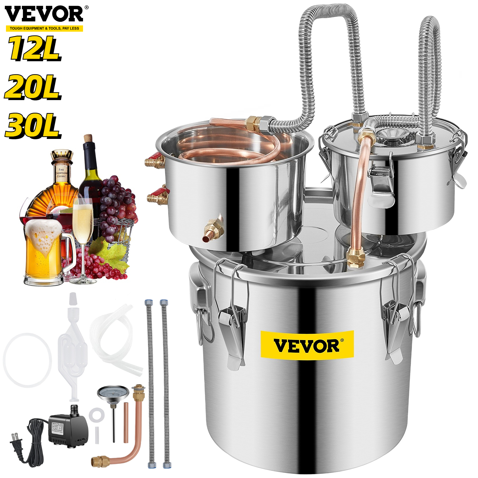 VEVOR 12L 20L 30L Alcohol Brewing Distiller DIY Moonshine Apparatus Stainless Steel Still Whisky Beer Wine y Home Appliance