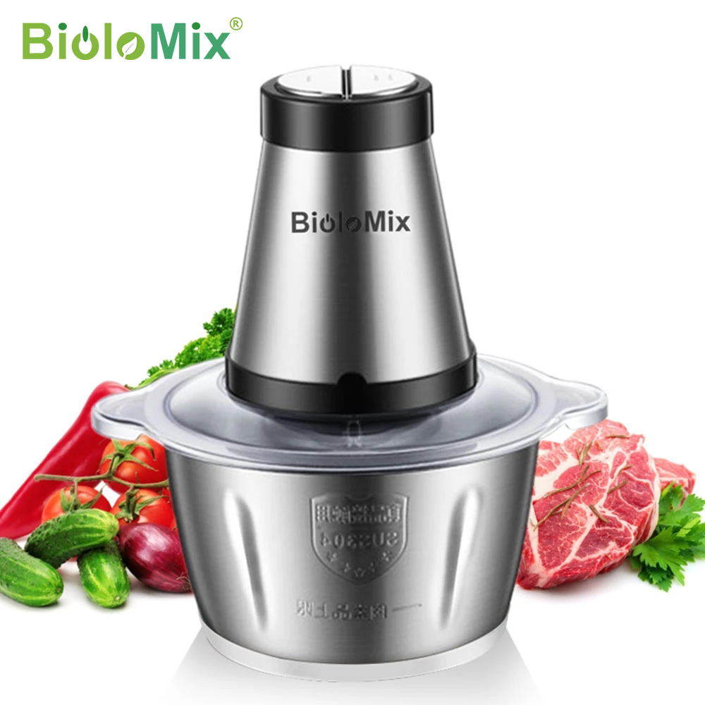 BioloMix 2 Speeds 500W Stainless steel 2L Capacity Electric Chopper Meat Grinder Mincer Food Processor Slicer