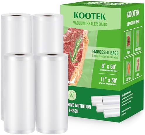 Kootek Vacuum Sealer Bags for Food, 8 in x 50 ft 2 Rolls and 11 in x 50 ft 2 Rolls Vacuum Seal Bag Rolls, Commercial Grade, BPA Free, Vac Freezer Bags for Food Storage, Meal Prep or Sous Vide