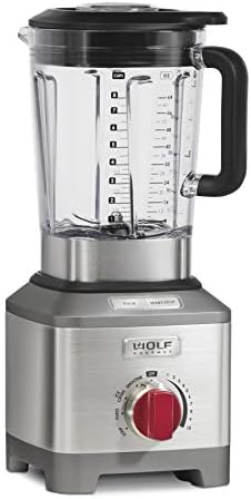 Wolf Gourmet Pro-Performance Blender, 64 oz Jar, 4 program settings, 12.5 AMPS, Blends Food, Shakes and Smoothies, Red Knob, Stainless Steel (WGBL200S)