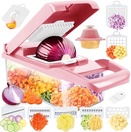 Vegetable Chopper Pro Onion Chopper - 13 in 1 Multi-Functional Food Chopper Kitchen Mandoline Slicer Veggie Dicer Cutter with Container - Pink