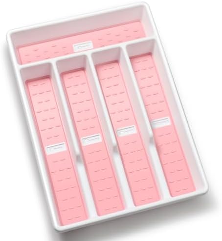 Silverware Organizer with Icons，Plastic Cutlery silverware Tray for Drawer，Utensil Flatware Tableware Organizer for Kitchen with Non-slip TPR,Fits Standard Drawer,5-Compartment,Pink
