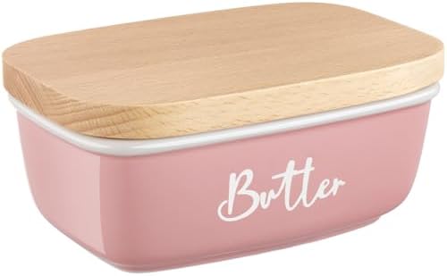 ALELION Pink Butter Dish with Lid for Countertop - Ceramic Farmhouse Butter Keeper Container with Thick Beech Wood Lid - Pink Kitchen Home Decor and Accessories for Kitchen Gifts